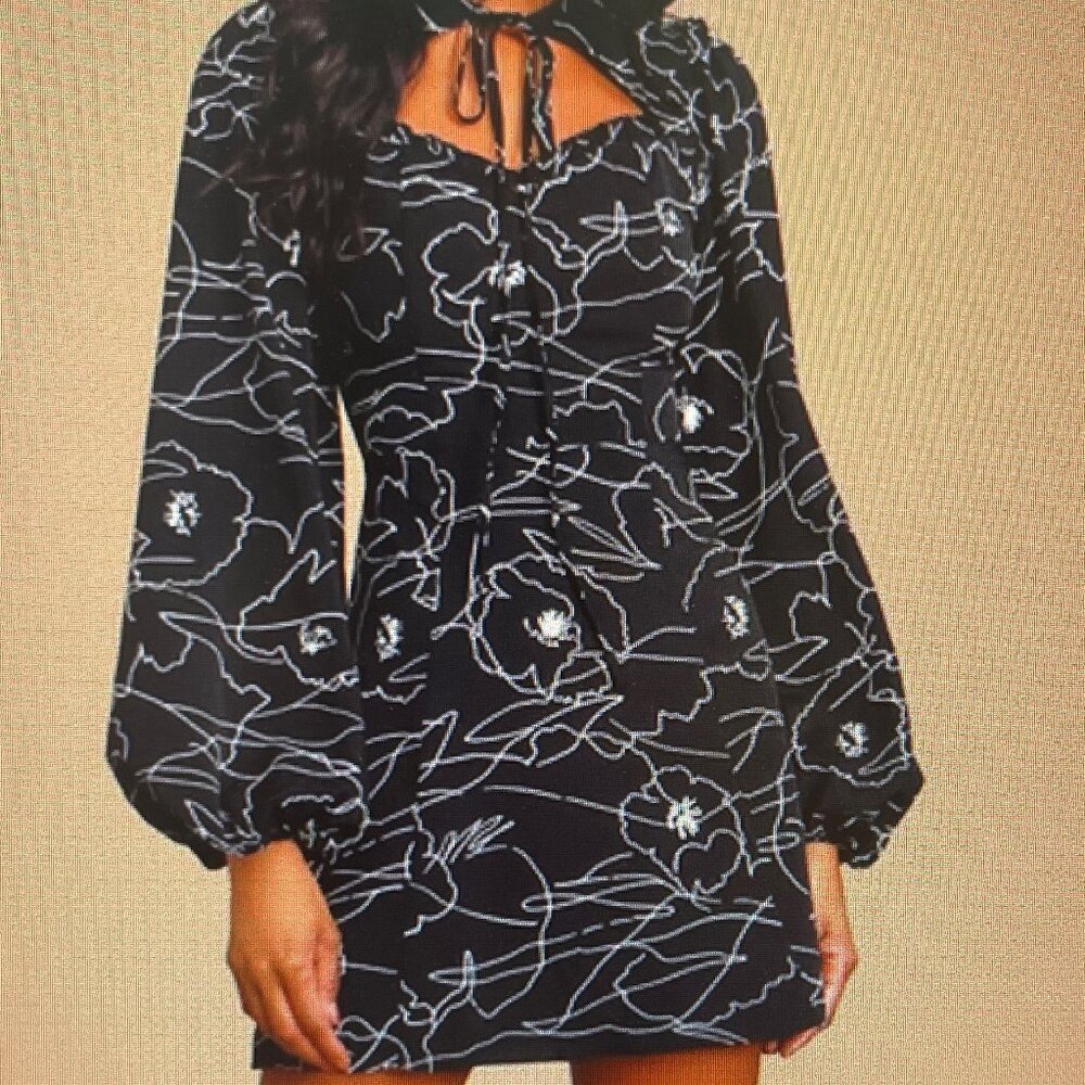 Lulus Chic It Out Black Print Long Sleeve Cutout Mini Dress - Large